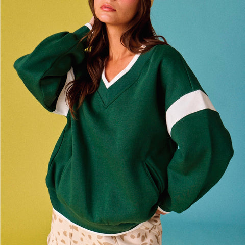Green Varsity V-Neck Pullover