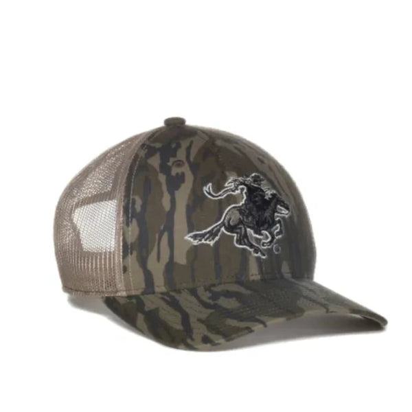 Camouflage baseball cap with a cowboy riding horse  