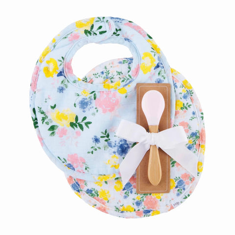 Blue Floral Muslin Bib & Spoon Set