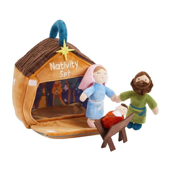 Our plush nativity set is a great way to discuss the meaning of Christmas. The five piece set comes with an interactive plush Nativity stable that reads "Nativity Set". The set includes a Mary, Joseph, Jesus and his manger. The pieces can fit inside the stable for easy storage when not in use.