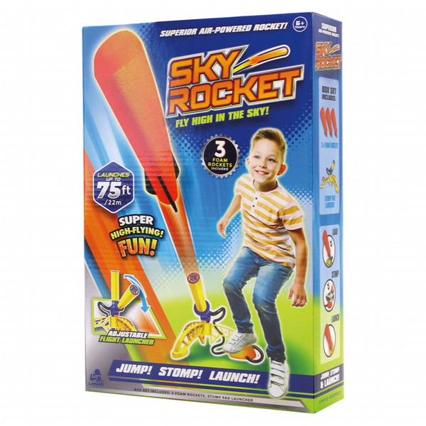 Hand or foot powered launch rockets. Includes launching base and three 8in foam darts. 6 yr plus
