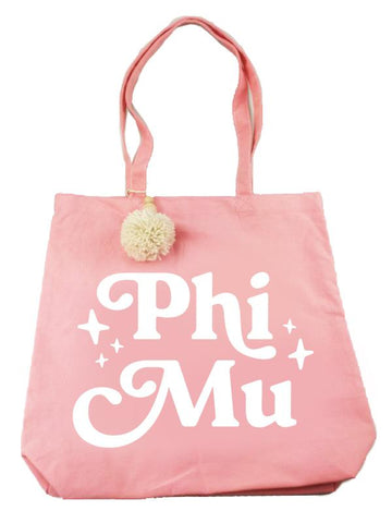 phi mu retro pom pom tote bag